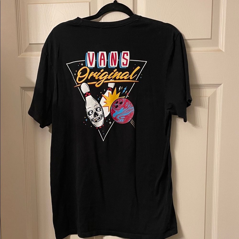 Vans Black Graphic Tee with Skull and Bowling Design